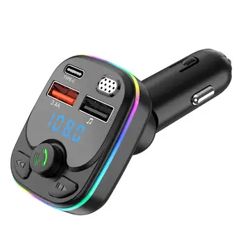 Автомобилен Bluetooth 5,0 FM Трансмитер PD Type-C Dual USB 3.1 A Бързо Зарядно Устройство Цветни Разсеяна Светлина Високоговорител MP3-Модулатор Плейър