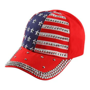 Американският флаг, патриотичен флаг, бейзболна шапка с кристали за жени (червен)