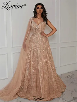 Арабски Близкия Изток, Дамски официални рокли с ръкав цвят шампанско, 2023, Трапециевидное Дълга рокля за бала, расшитое пайети, расшитое мъниста, Вечерна рокля