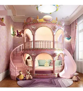 Бебешко легло-пързалка за момичета на принцеси в спалнята, чудесна едно розово легло-заключване за момичета