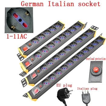 безжична захранване PDU, мрежа на багажник, 1-11-лентов германско-италиански изход, линия с дължина 2 М, въртящи се на 360 градуса стена, защита от претоварване