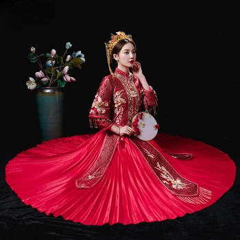 Булка Сватба Xiuhe Древното Сватбена Рокля, Елегантно Тънки И Дълги Рокли Ципао Китайската Традиционна Принцеса Облекло За Наздравици Рокли