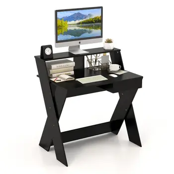 Бюро за обучение Costway Компютърна маса с Малък размер, с чекмедже и стойка за монитор Черен цвят