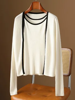 Бял вълнен вязаный комплект на бретелях за жени, есента е оборудвана с жилетка на финия ремешке, палта, комплект от две части