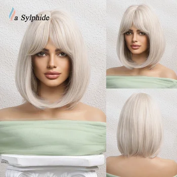 Бяла перука La Sylphide Боб, къси перуки добро качество за жените, естествено, Топлоустойчиви косата на Лолита за дневни партита