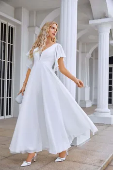 Бяло шифоновое ново сватбена рокля 2023 г., женствена рокля трапецовидна форма с V-образно деколте, елегантни сватбени и вечерни бални рокли, тенденция Vestido De Новия