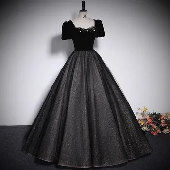 вечерна рокля в стил мозайка с квадратна деколте и къс ръкав, женски черна вечерна рокля за парти, елегантна рокля за банкет Robe De Soiree
