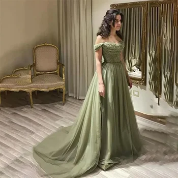 Вечерна рокля с открити рамене, расшитое мъниста, вечерна рокля във формата на сърце, зелена мрежа за сватба, блестяща рокля за специални случаи, Robe Soirée 2024