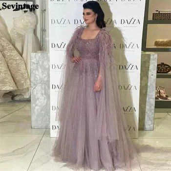 Вечерни рокли Sevintage Noble Саудитска Arabic с квадратна яка, А-силует, пайети, ръкави-капоры, пера, рокли за абитуриентски бал за жени 2023 г.