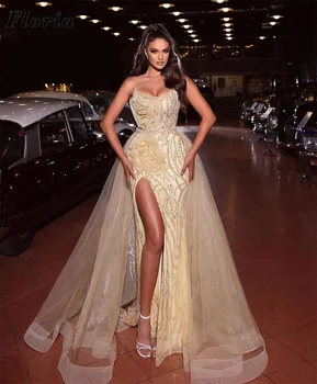 Вечерни рокли за спагети презрамки с пайети, елегантна рокля за абитуриентски бал с висока цепка отстрани, расшитое мъниста в Арабския Дубай, коктейл рокля за парти 2023