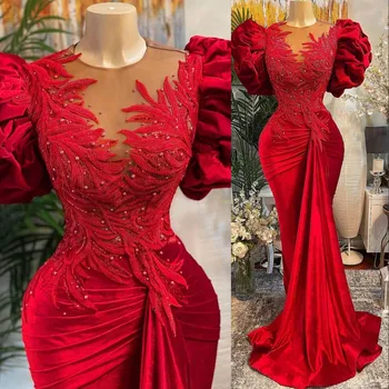 Вечерни рокли от червено кадифе в Африканския стил, Дамски официални рокли с Рубинен складкой, Апликации от Русалочьего перли, Beading, Вечерни рокли за бала Vestidos De Fiesta