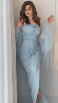 Винтажное дълго синьо плиссированное вечерна рокля с ръкави-футлярами без презрамки за мюсюлманския бала Robe de soirée за жени