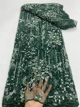 Висококачествена и луксозна зелена френска окото, расшитая мъниста лейси плат в африканския стил с пайети за сватбена рокля