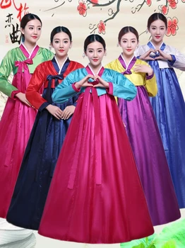 ВОДА 12 цвята Корейски костюми Ханбок Рокли за жени Традиционен Дворец Женски Коледна танцово представяне на малцинствата Дълъг ръкав