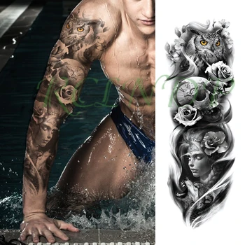 Водоустойчив временна татуировка Стикер бухал цветя череп часовници момиче рев на вълк пълна ръка голяма фалшива татуировка флаш татуировка на мъжете жените