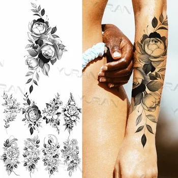 Временна Татуировка С Цвете На Черна Роза За Жени, Момичета Реалистична Змия Луната Слънцето Цвете Фалшива Татуировка Стикер Ръка На Крака Татуировка Творчески