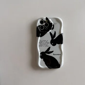 Вълна рамка Ins Черно зайо на бял фон калъф за iPhone 11 12 13 14 15ProMax Мек силиконов защитен калъф устойчив на удари