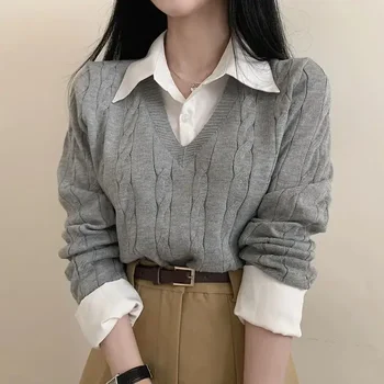 Вязаный съкратен пуловер, Дамски елегантен пуловер от две части, Корейски модерен топ с дълъг ръкав, Дамски елегантна риза поло