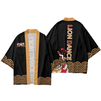 Годишен Женски Мъжки топ Хаори, Юката, свободно Модно кимоно, градинска облекло, хавлия-жилетка с черен принтом в китайски стил