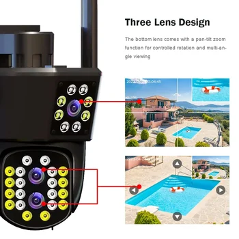 Градинска IP камера WiFi 8MP с 10-кратно увеличение на хибридния, PTZ камера 4K с три лещи с двоен екран, инфрачервен режим и цветен режим за нощно виждане