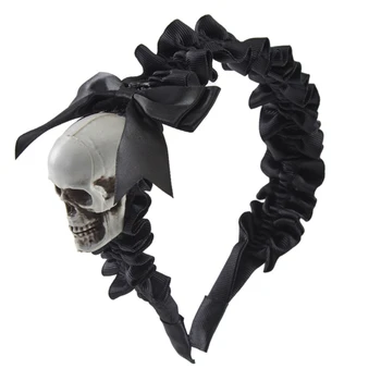 Дамска превръзка с черепа на Хелоуин, плиссированная превръзка на главата, черна превръзка на главата, готическата превръзка на главата, готическия прическа, пънк-превръзка на главата