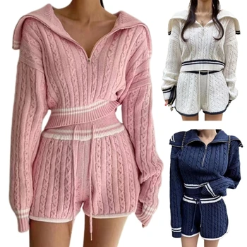 Дамски дрехи от две части, комплект трикотажни пуловери, ежедневни блузи, пуловери с отворотами с цип и къси панталони с завязками на талията.