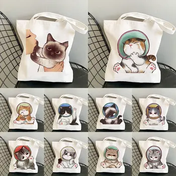 Дамски ежедневни чанта Kawaii голям капацитет, чанта за пазаруване с сладък котка, чанти за пазаруване, холщовая чанта Harajuku за еднократна употреба