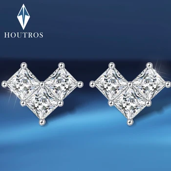 Дамски обеци с муассанитом ръчно нарязани на Princess от Сребро проба 925 с диамантен пръстен във формата на сърце 1,5 Карата, изящни бижута Houtros