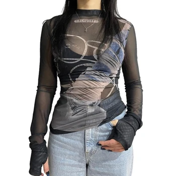 Дамски окото тениска с графичен принтом, ризи с дълъг ръкав, блуза, секси прозрачен топ