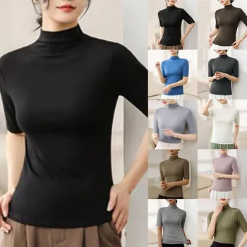 Дамски приталенная тениска с къс ръкав и подплата, универсален обикновен топ, потници за жени, памучен дамски туника.