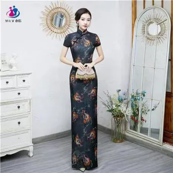 Дамски Черни реколта дълги рокли Чонсам, Фино дамско Лятото и Есента стрейчевое цвете Ципао, сексуална китайското рокля с цепка