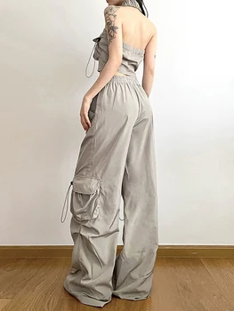 Дамски широки панталони-карго Y2k с висока талия и рюшами, парашютные панталони с завязками, Дълги панталони с джобове