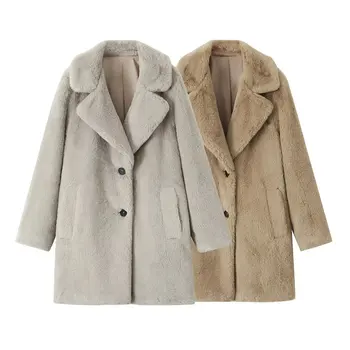 Дамско зимно модно дълго, топло палто с ефект изкуствени кожи, реколта дамски връхни дрехи копчета и дълъг ръкав, стилни горната риза