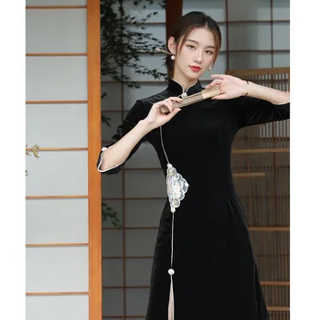 Дамско модно черно Розово Ципао в китайски стил, Рокля, секси рокля, за нощен клуб, дебнещ вечерна рокля за парти, Винтажное рокля Vestidos