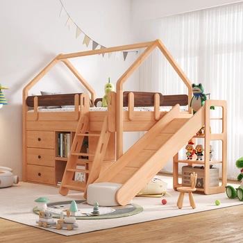 Детска висока и ниска легло от масивно дърво, на горната и долната легло от бук в скандинавски стил, детска спалня, детска легло