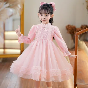 Детска лейси окото однотонная дрехи За момичета, рокля на принцеса Чонсам в китайски стил, Пролет-есен, мода детска пола със заек