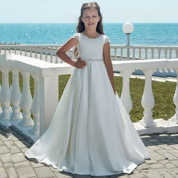 Детски рокли с цветя модел за момичета, дантелени рокли за първо причастие с дълги ръкави 3/4 и отворен гръб от 2-14 години