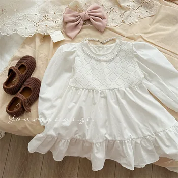Детско однотонное бяла рокля 2023 Пролет Есен Ново Сладко дантелено принцеса рокля с волани и дълъг ръкав