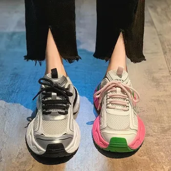 Дизайнерски обувки 2023, Есенни нови дамски маратонки с дишаща мрежа, стилна вулканизированная обувки с цветни блокчета, женски тенис маратонки за бягане