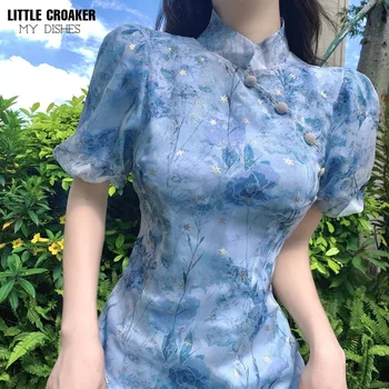 Дизайнерски рокли във френски стил на Китайското ретро Леко Подобрение Рокли Blue Mini Рокли Модерни дамски дрехи в китайски стил