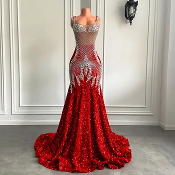 Дълги червени рокли за бала 2023 Лъскави Луксозни Сребърни Диамантени кристали в стил Русалка, прилепнали рокли за бала от прозрачна мрежа, за черни момичета