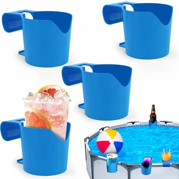 Държач за чаши на басейна от 4 теми за надземен басейн, син пластмасов за напитки, подходящи за горната лента на басейна с диаметър 2 инча или по-малко.