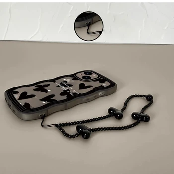 Елегантен черен калъф-верига с папийонка за iPhone 13 12 11 Pro Max X XR XS Max Защита на камерата Love Heart силиконов калъф-скъпа