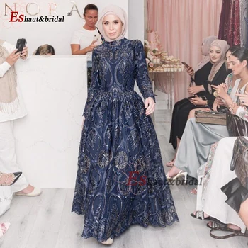 Елегантна Дубайское вечерна рокля за мюсюлманки 2023 година с дълги ръкави и висока воротом, расшитое искри, големи размери сватбени рокли за бала и партита