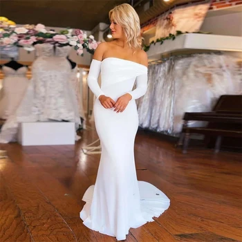 Елегантна сватбена рокля на Русалка с гънки от крепа с открити рамене 2023, просто останаха с цип отзад за жени, размери по поръчка
