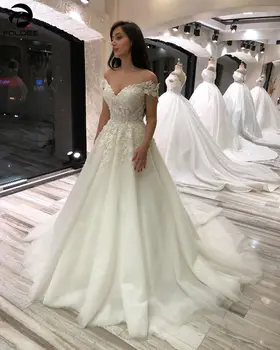 Елегантна сватбена рокля от тюл 2020 С аппликацией в формата на цветя, дантела, пайети, къс ръкав, V-образно деколте, сватбена рокля с цветен модел, vestido de новия