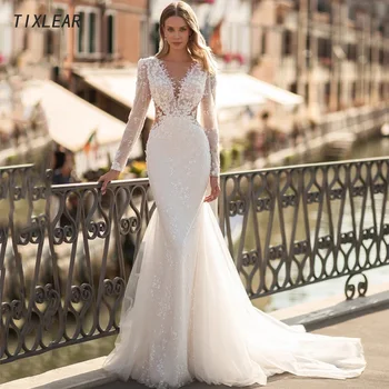 Елегантна сватбена рокля-русалка TIXLEAR с кръгло деколте и дълги ръкави, дантелени апликации, илюзия на облегалката, сватбена рокля с дължина до пода, Vestidos New