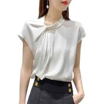 Елегантна френска однотонная тениска с ръкав raglan, женска тениска с къс ръкав, Тънък асиметрична яка, Бял топ, лятна нова блуза в стил ретро
