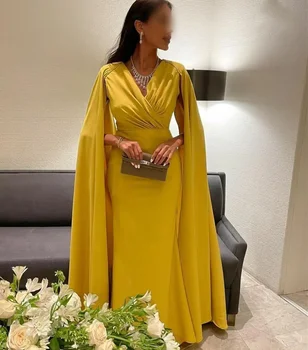 Елегантни Жълти Арабски Дубайские мюсюлмански вечерни рокли от луксозен сатен с гънки, секси вечерна рокля с V-образно деколте, 