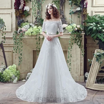 Елегантно бельо сватбена рокля за младоженци с къси ръкави, аппликацией с открити рамене, тюлевое бална рокля трапецовидна форма Vestidos De Новия